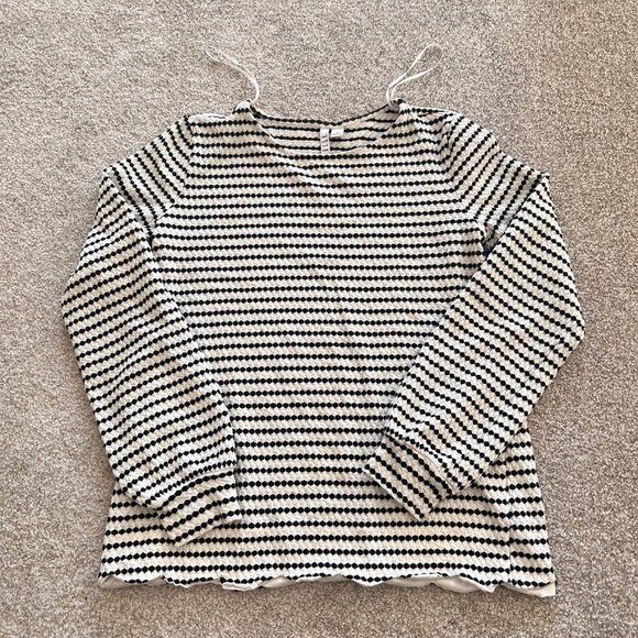 Minimalist Striped Black and White Bishop Sleeve Top with Lettuce Hem - Picture 3 of 8
